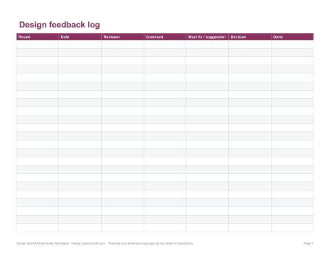 Preview of the first page of Feedback log (XLSX)